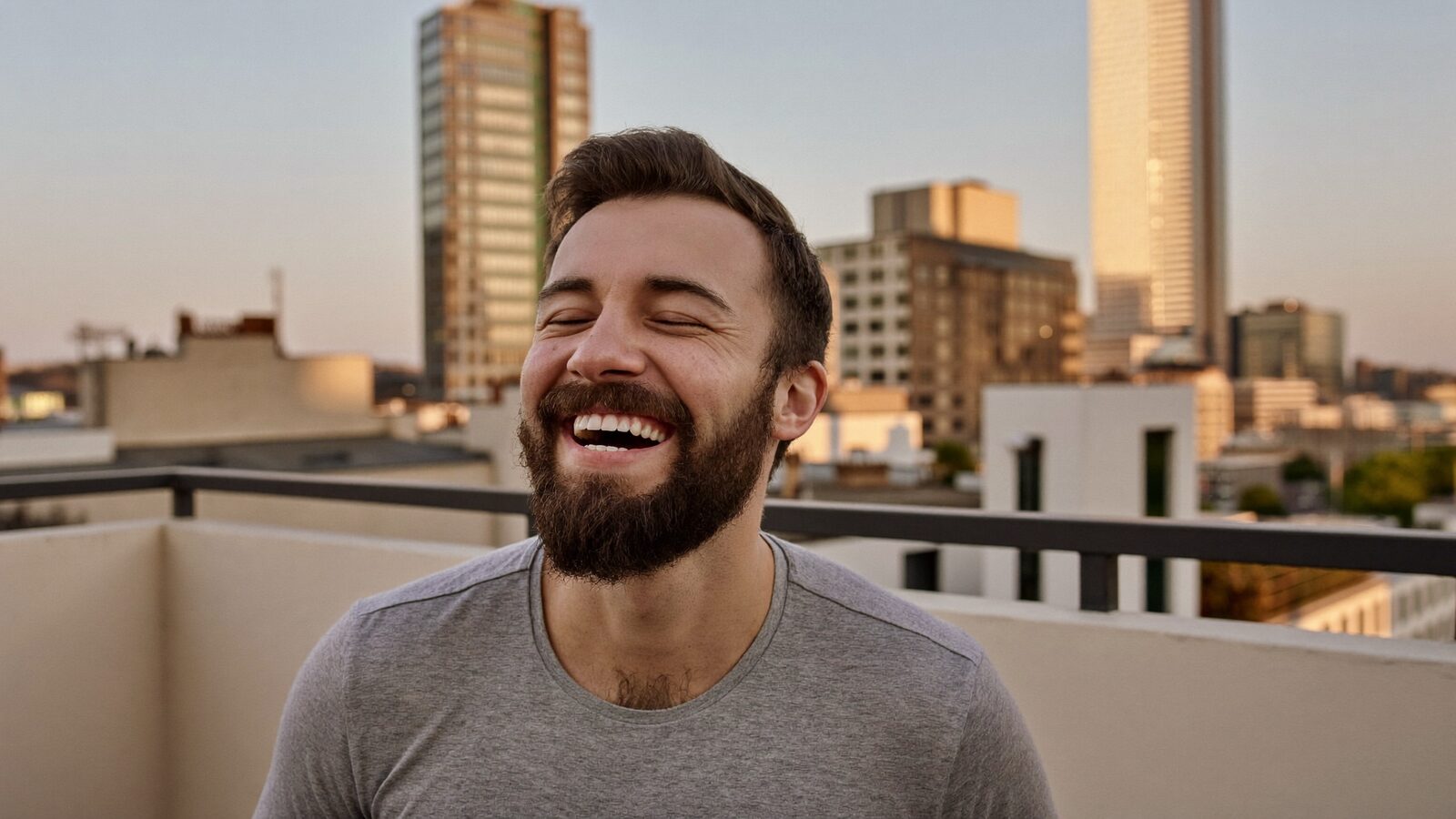 Laughing man with a full, well-groomed beard on a city rooftop