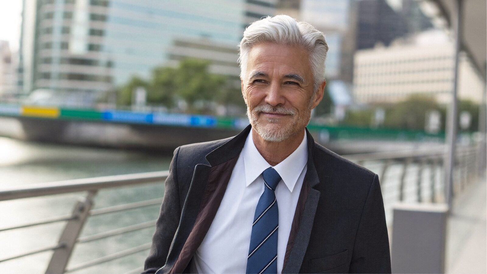 Smiling man with full silver-gray hair on a riverside walkway in the city
