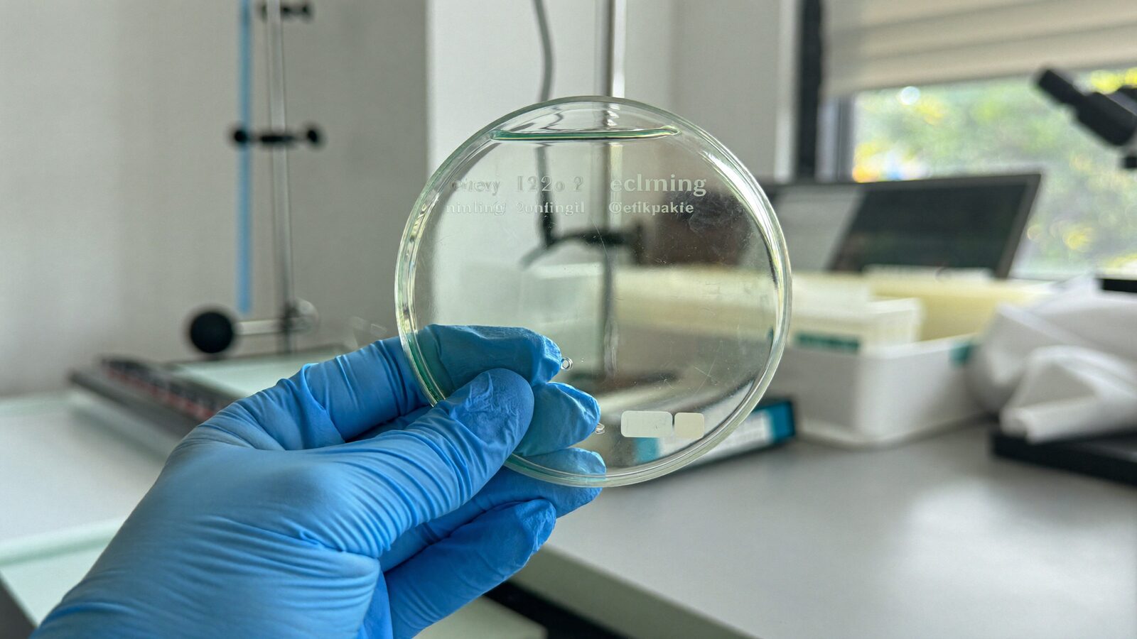 Gloved hand holding a petri dish in a bright laboratory