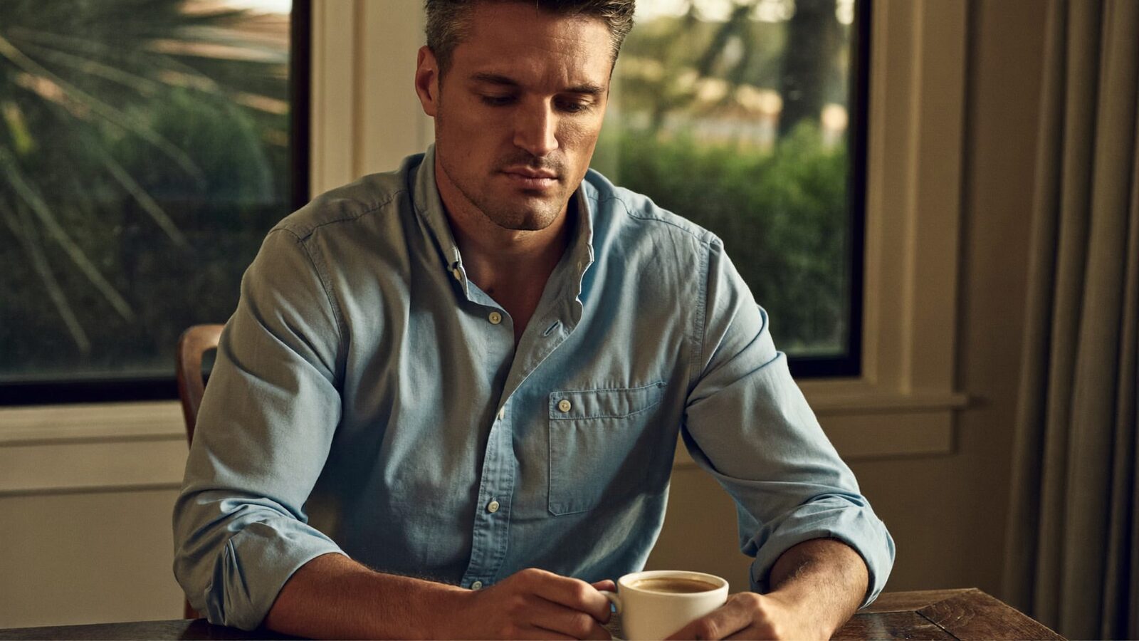 Thoughtful man sitting at a table by a window with a cup of coffee