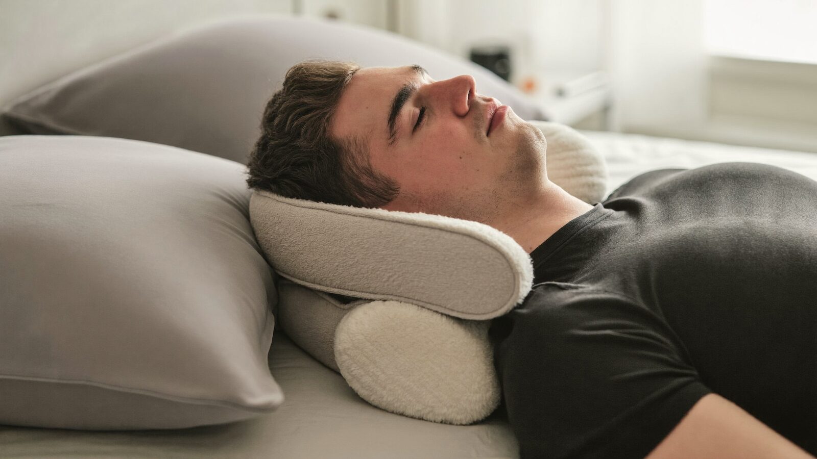 Man sleeping on his back with his head supported by pillows and a neck pillow