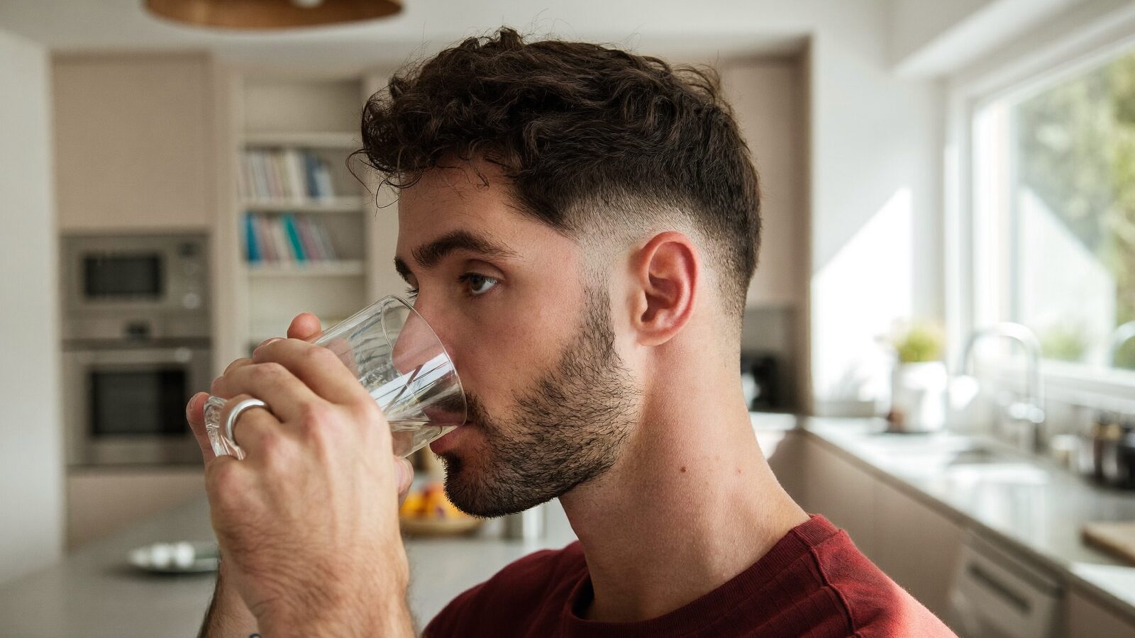 Man with full, styled hair drinking a glass of water in a bright kitchen