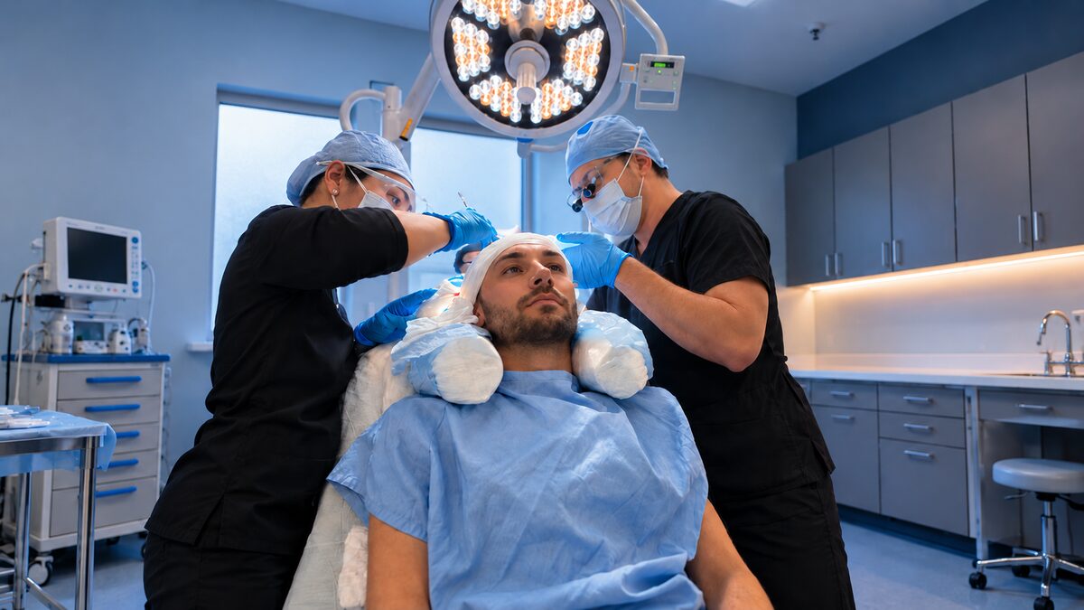 Planned hairline drawn on a patient and checked before DHI placement at Nova Medical Hair Transplant Chicago